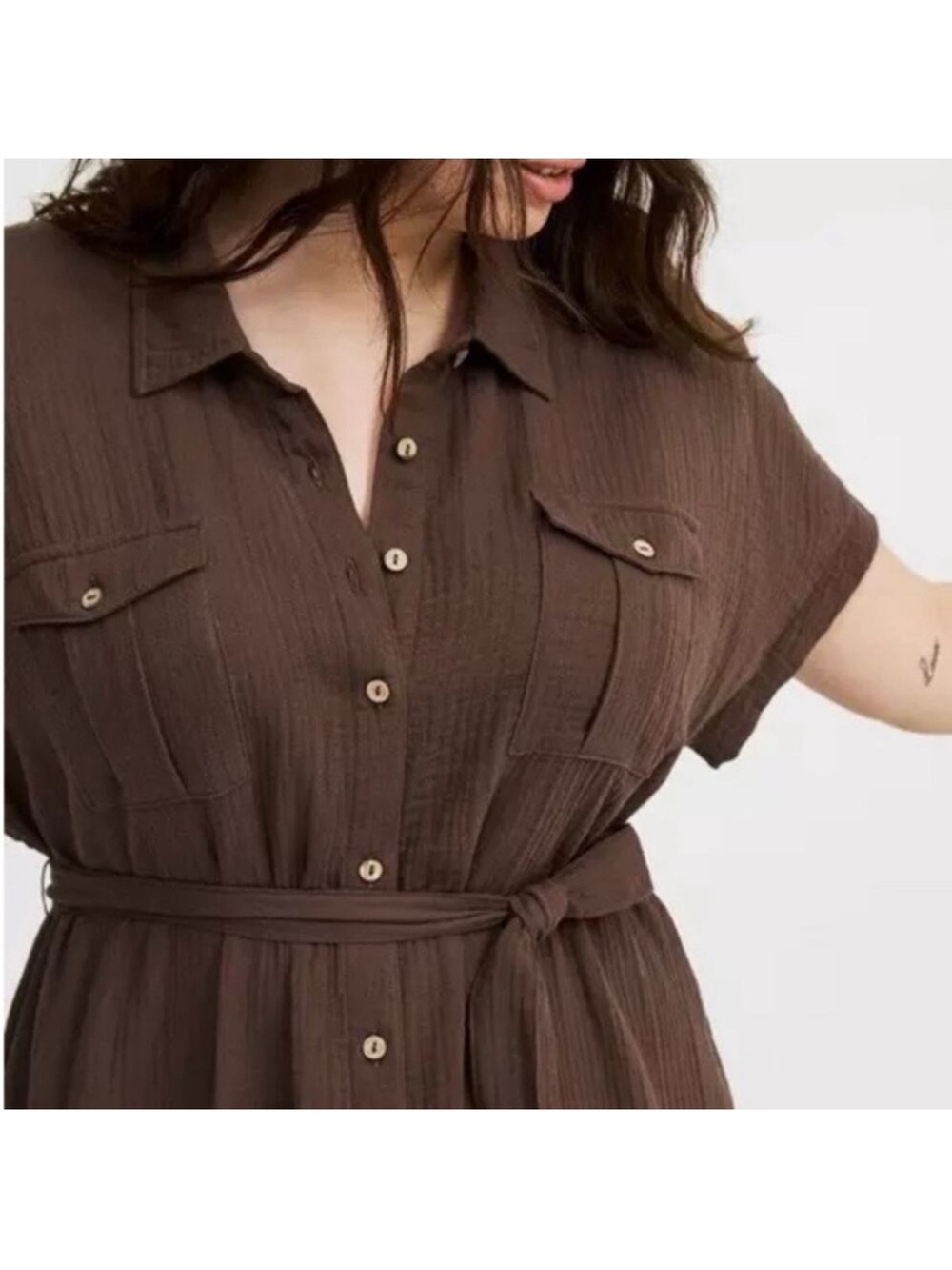 torrid Brown Button-Front Belted Midi Shirt Dress - Picture 2 of 4